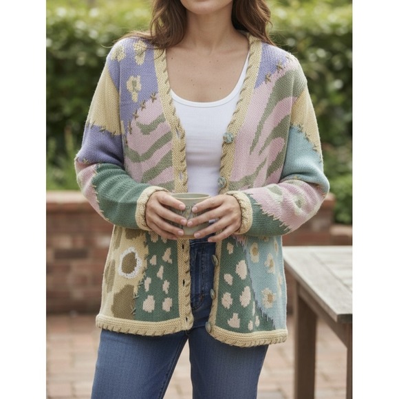 Storybook Knits Patchwork Spring Themed Cardigan Sweater Ramie Cotton Size Large - Picture 15 of 16